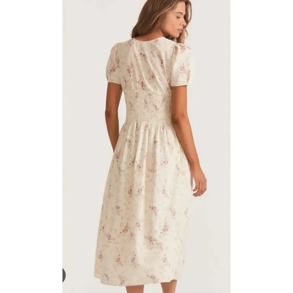 LoveShackFancy Cream Floral Midi Dress with Pink Bouquet Print - Picture 7 of 16